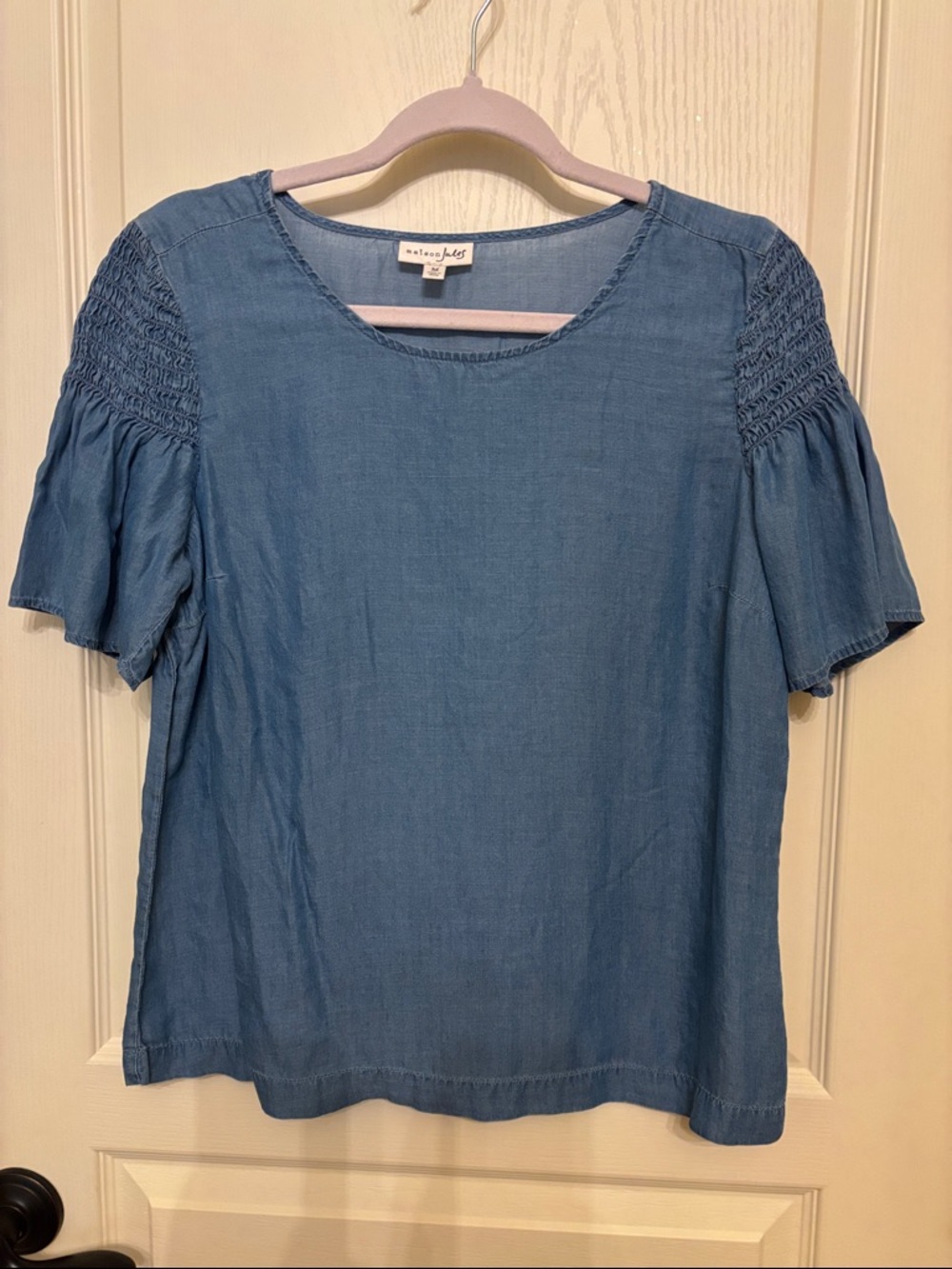 Maison Jules Chambray style Blue Smocked Shoulder Short Sleeve Blouse